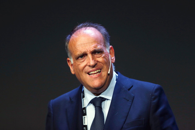 file-in-this-monday-sept-24-2018-file-photo-javier-tebas-the-president-of-the-spanish-la-liga-speaks-during-the-world-football-summit-in-madrid-spain-the-president-of-the-spanish-league-want