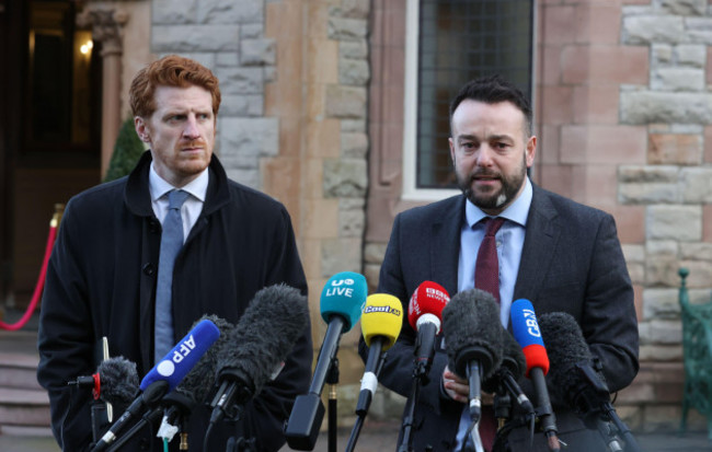sdlp-leader-colum-eastwood-right-and-party-colleague-matthew-otoole-speak-to-the-media-outside-the-culloden-hotel-in-belfast-where-prime-minister-rishi-sunak-is-holding-talks-with-stormont-leaders