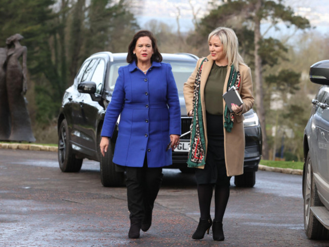 sinn-fein-party-leader-mary-lou-mcdonald-left-and-vice-president-michelle-oneill-arrive-at-the-culloden-hotel-in-belfast-where-prime-minister-rishi-sunak-is-holding-talks-with-stormont-leaders-ove