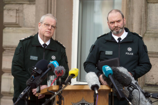 chief-constable-simon-byrne-left-and-assistant-chief-constable-mark-mcewan-from-the-police-service-of-northern-ireland-psni-speak-to-the-media-outside-psni-headquarters-in-belfast-following-the-s