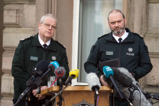 chief-constable-simon-byrne-left-and-assistant-chief-constable-mark-mcewan-from-the-police-service-of-northern-ireland-psni-speak-to-the-media-outside-psni-headquarters-in-belfast-following-the-s