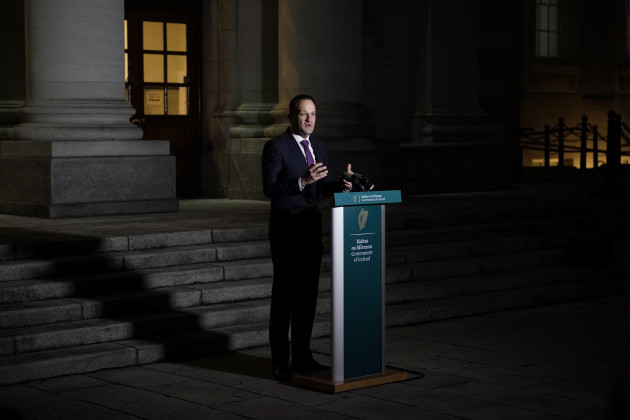 taoiseach-leo-varadkar-speaking-to-the-media-at-government-buildings-in-dublin-following-the-announcement-that-european-commission-president-ursula-von-der-leyen-and-prime-minister-rishi-sunak-have-s