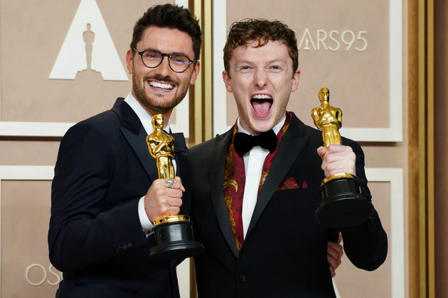 tom-berkeley-left-and-ross-white-pose-with-the-award-for-best-live-action-short-film-for-an-irish-goodbye-in-the-press-room-at-the-oscars-on-sunday-march-12-2023-at-the-dolby-theatre-in-los-ang