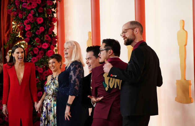 from-left-anni-sternisko-kirsten-lepore-becky-scheinert-jonathan-wang-daniel-kwan-daniel-scheiner-arrive-at-the-oscars-on-sunday-march-12-2023-at-the-dolby-theatre-in-los-angeles-photo-by-j