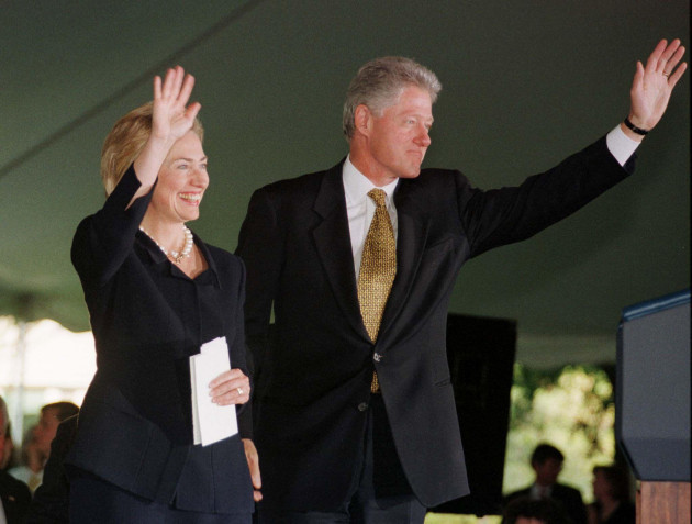 u-s-president-bill-clinton-and-first-lady-hillary-wave-as-they-arrive-at-a-white-house-event-celebrating-the-u-s-role-in-the-northern-ireland-peace-agreement-september-11-clinton-and-his-wife-recei
