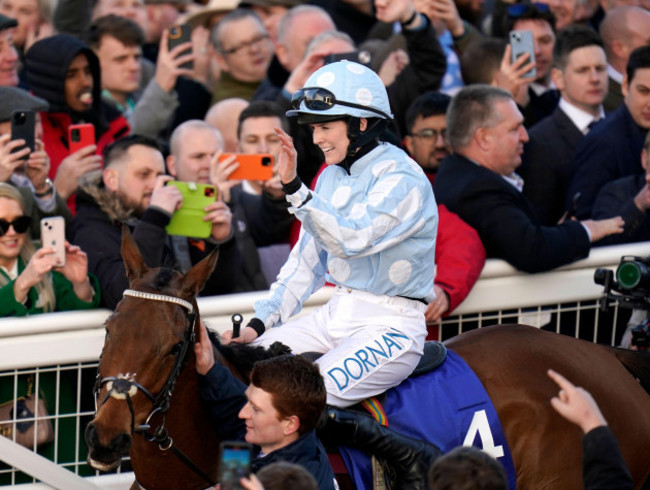 rachael-blackmore-celebrates-winning-the-the-close-brothers-mares-hurdle-aboard-honeysuckle-on-day-one-of-the-cheltenham-festival-at-cheltenham-racecourse-picture-date-tuesday-march-14-2023