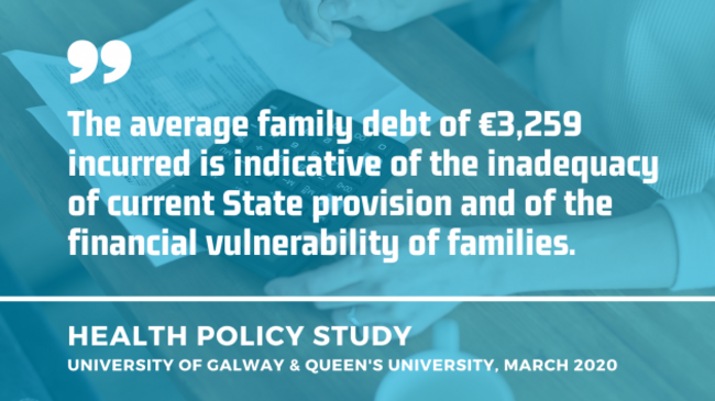 Arms and hands of a white person at a desk using a black calculator on top of a small pile of bills in the background with quote from a 2020 health policy study: The average family debt of €3,259 incurred is indicative of the inadequacy of current State provision and of the financial vulnerability of families. 