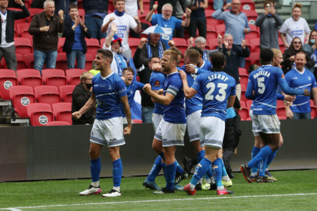 bristol-uk-june-20th-gavan-holohan-of-hartlepool-united-gees-up-the-crowd-after-luke-armstrong-scored-their-first-goal-during-the-vanarama-national-league-play-off-final-between-hartlepool-united-and