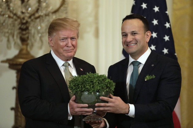 u-s-president-donald-trump-l-receives-the-shamrock-bowl-from-prime-minister-of-ireland-leo-varadkar-during-a-presentation-event-at-the-white-house-in-washington-on-march-14-2019-photo-by-yuri-gri