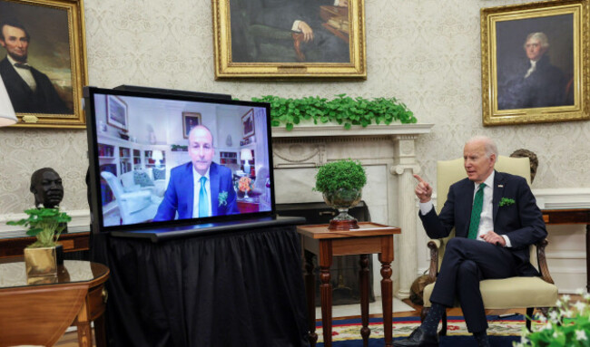 u-s-president-joe-biden-speaks-while-hosting-a-virtual-st-patricks-day-meeting-with-irelands-prime-minister-micheal-martin-after-irish-taoiseach-martin-tested-positive-for-coronavirus-disease-cov