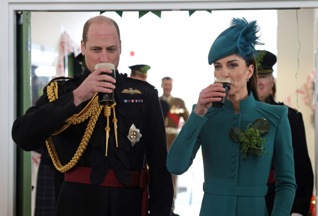 the-prince-and-princess-of-wales-enjoy-a-glass-of-guinness-during-a-visit-to-the-1st-battalion-irish-guards-for-the-st-patricks-day-parade-at-mons-barracks-in-aldershot-picture-date-friday-march-1