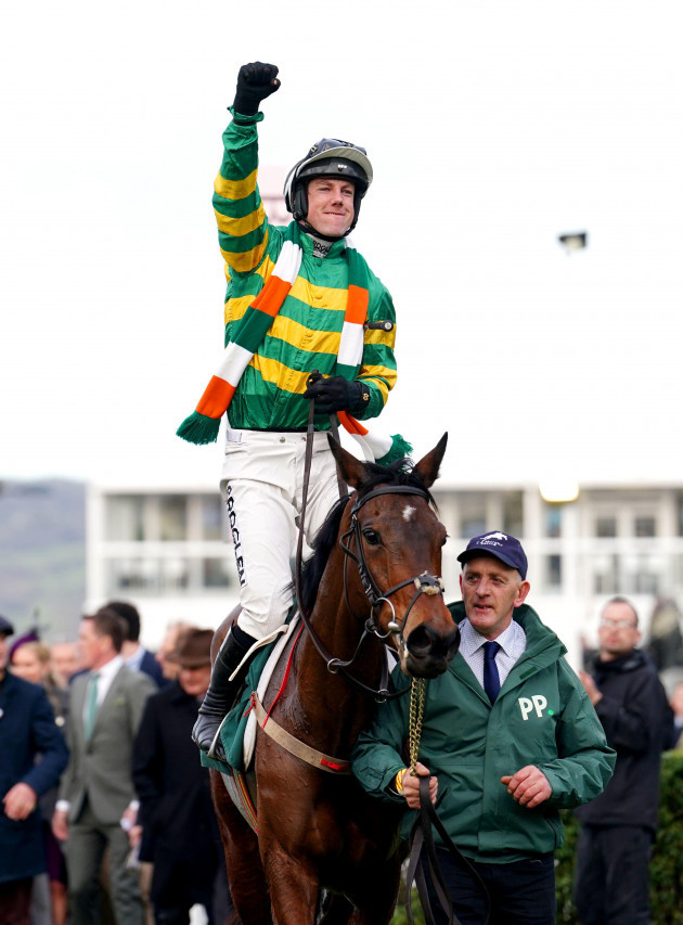 jockey-brian-hayes-celebrates-on-impervious-after-winning-the-mrs-paddy-power-mares-chase-on-day-four-of-the-cheltenham-festival-at-cheltenham-racecourse-picture-date-friday-march-17-2023
