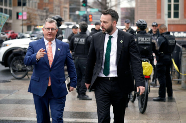 dup-leader-sir-jeffrey-donaldson-left-and-sdlp-leader-colm-eastwood-arriving-for-a-st-patricks-day-celebration-reception-and-shamrock-presentation-ceremony-at-the-white-house-in-washington-dc-dur