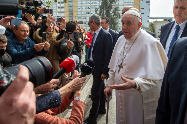 rome-italy-01st-apr-2023-italy-rome-202341-pope-francis-speaks-to-the-press-as-he-leaves-the-agostino-gemelli-hospital-in-rome-the-pope-was-hospitalized-on-29-march-following-a-respiratory-inf