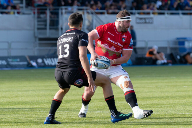 james-cronin-1-of-leicester-tigers-offloads-the-ball-before-alex-lozowski-13-of-saracens-intercepts-during-the-gallagher-premiership-match-saracens-vs-leicester-tigers-at-stonex-stadium-london-un