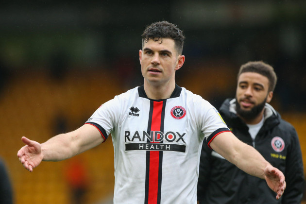 john-egan-12-of-sheffield-united-celebrates-at-the-final-whistle-during-the-sky-bet-championship-match-norwich-city-vs-sheffield-united-at-carrow-road-norwich-united-kingdom-1st-april-2023photo