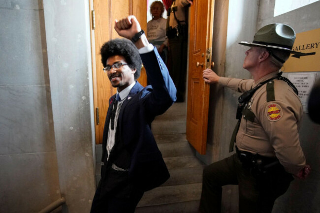 rep-justin-pearson-d-memphis-raises-his-fist-after-visiting-with-supporters-in-the-gallery-of-the-house-chamber-thursday-april-6-2023-in-nashville-tenn-tennessee-republicans-are-seeking-to-ous