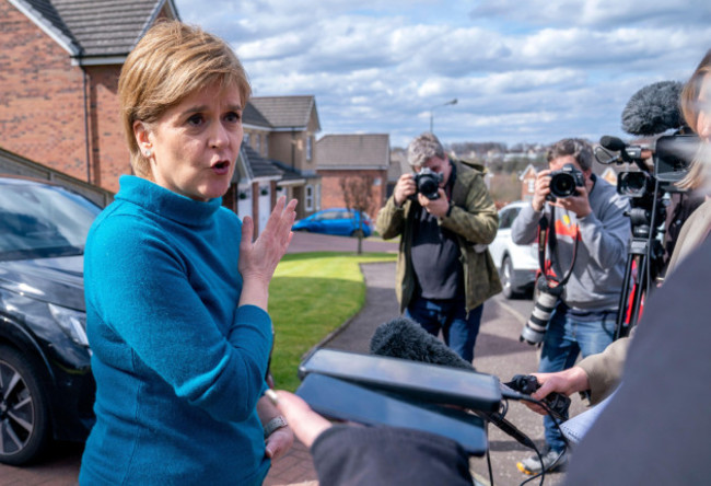 former-leader-of-the-scottish-national-party-snp-nicola-sturgeon-speaking-to-the-media-outside-her-home-in-uddingston-glasgow-after-her-husband-former-chief-executive-of-the-snp-peter-murrell-wa