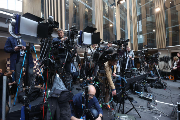 media-gathered-ahead-of-a-speech-by-us-president-joe-biden-at-ulster-university-in-belfast-during-his-visit-to-the-island-of-ireland-picture-date-wednesday-april-12-2023
