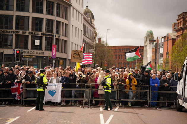 people-gathered-outside-ulster-university-in-belfast-ahead-of-a-keynote-speech-by-the-us-president-joe-biden-during-his-visit-to-the-island-of-ireland-picture-date-wednesday-april-12-2023