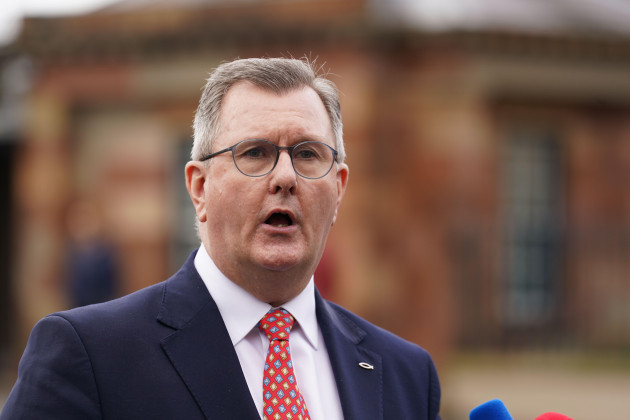 dup-leader-sir-jeffrey-donaldson-speaking-to-the-media-as-he-leaves-hillsborough-castle-where-northern-ireland-secretary-chris-heaton-harris-is-meeting-with-stormont-leaders-over-brexit-and-the-windso