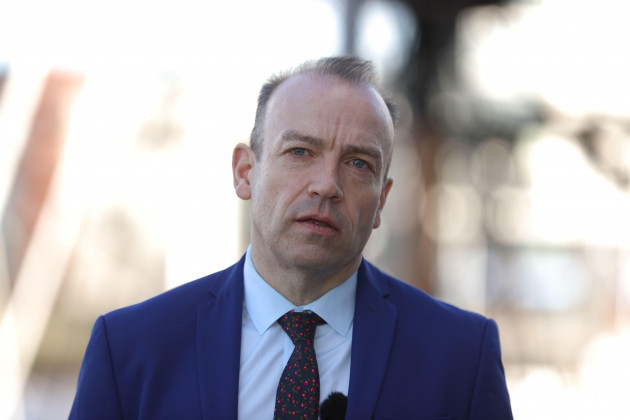 chris-heaton-harris-speaking-to-the-media-outside-of-sse-arena-belfast-picture-date-thursday-april-6-2023