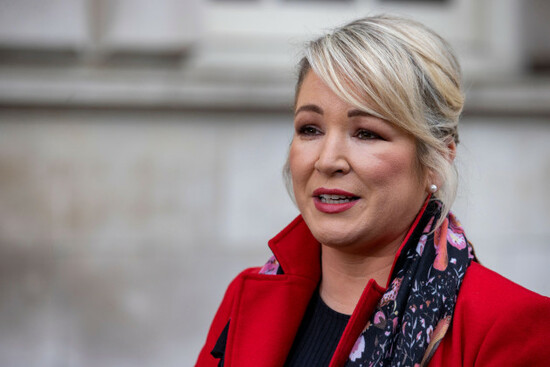 sinn-fein-vice-president-michelle-oneill-with-party-colleague-conor-murphy-not-pictured-speaking-to-the-media-outside-belfast-city-hall-about-ongoing-northern-ireland-protocol-talks-between-the-b