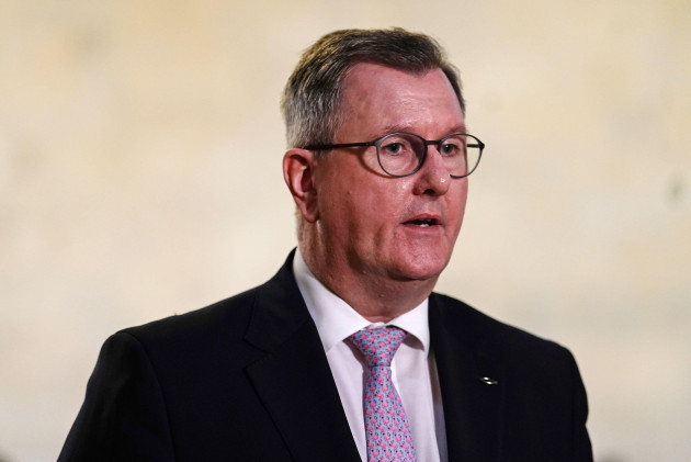 dup-leader-sir-jeffrey-donaldson-speaking-to-the-media-before-he-meets-with-daithi-macgahbann-and-his-father-mairtin-macgahbann-in-westminster-hall-london-daithi-and-mairtin-will-be-attending-the-ho