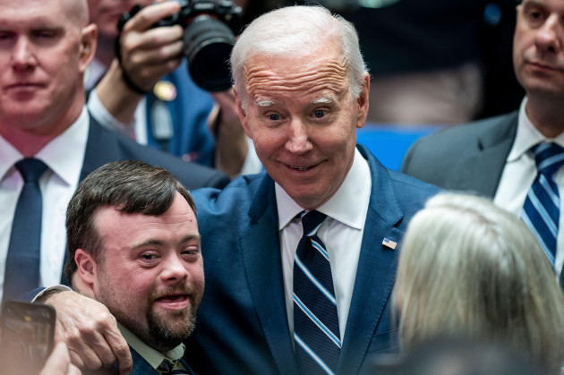 us-president-joe-biden-embraces-james-martin-who-starred-in-the-recent-oscar-winning-short-film-an-irish-goodbye-as-he-visits-ulster-university-in-belfast-to-give-a-keynote-speech-during-his-vis