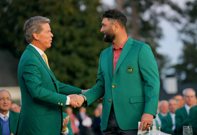 golf-the-masters-augusta-national-golf-club-augusta-georgia-u-s-april-9-2023-spains-jon-rahm-is-congratulated-by-chairman-of-augusta-national-golf-club-fred-ridley-as-he-is-presented-with