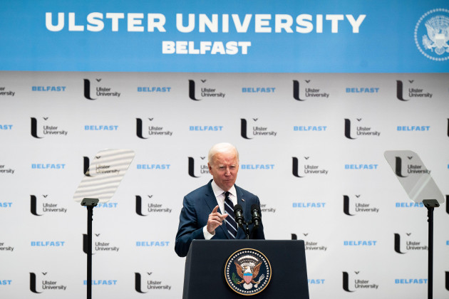 us-president-joe-biden-delivers-his-keynote-speech-at-ulster-university-in-belfast-during-his-visit-to-the-island-of-ireland-picture-date-wednesday-april-12-2023