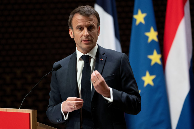 french-president-emmanuel-macron-explains-his-vision-on-the-future-of-europe-during-a-lecture-in-a-theatre-in-the-hague-netherlands-tuesday-april-11-2023-ap-photopeter-dejong