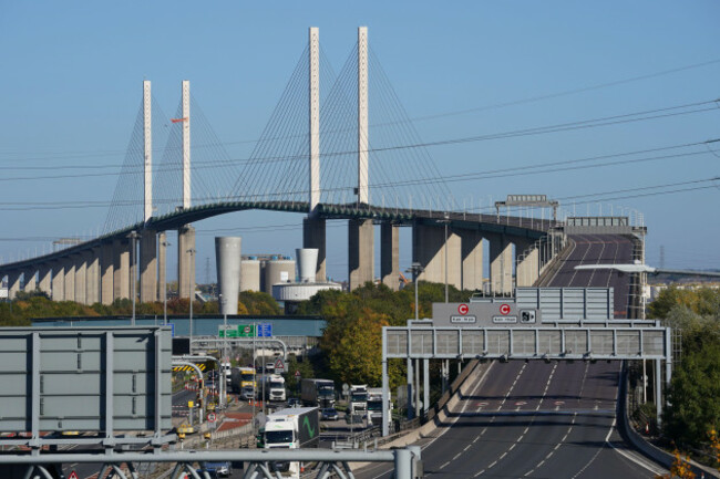 just-stop-oil-protesters-continue-their-protest-for-a-second-day-on-the-queen-elizabeth-ii-bridge-which-links-kent-and-essex-and-which-remains-closed-for-traffic-after-it-was-scaled-by-two-climbers