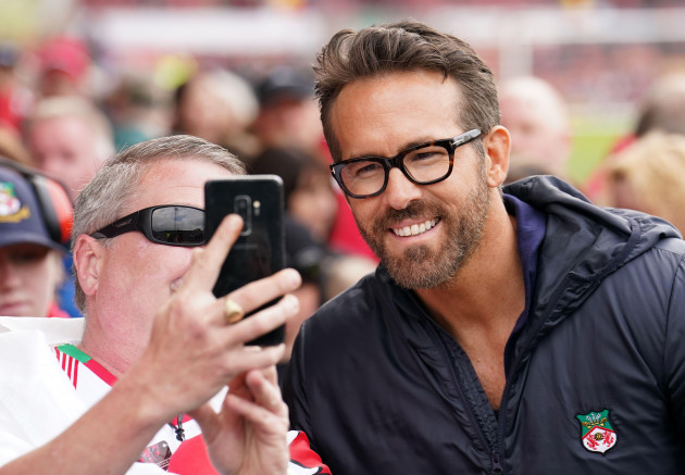 wrexham-co-owner-ryan-reynolds-poses-with-fans-ahead-of-the-vanarama-national-league-match-at-the-racecourse-ground-wrexham-picture-date-saturday-april-22-2023
