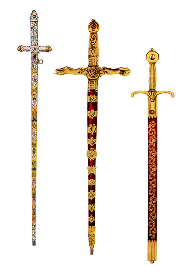 english-from-left-to-right-the-jewelled-sword-of-offering-the-sword-of-state-and-the-sword-of-mercy-curtana-1-british-coronation-swords