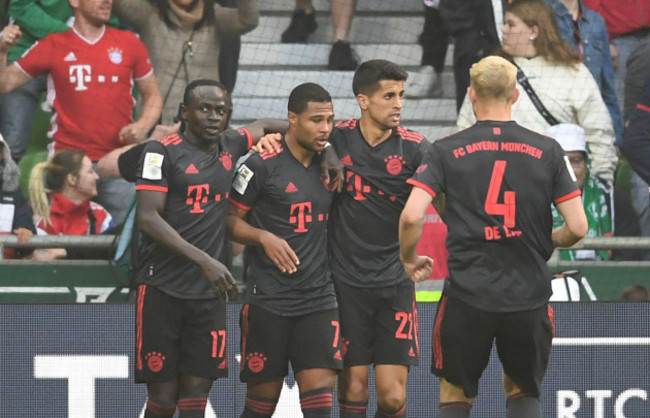 bremen-germany-06th-may-2023-soccer-bundesliga-werder-bremen-bayern-munich-matchday-31-wohninvest-weserstadion-bayerns-serge-gnabry-celebrates-with-sadio-mane-matthijs-de-ligt-and-joao-ca