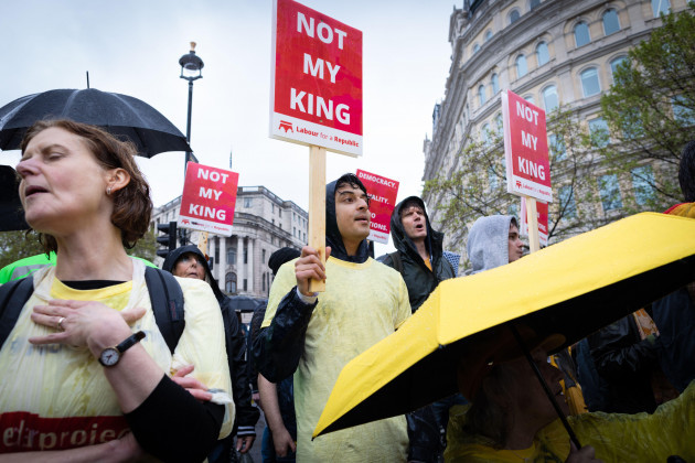 london-uk-06th-may-2023-protesters-shout-not-my-king-as-the-coronation-passes-trafalgar-square-anti-monarchist-group-republic-stage-a-protest-during-the-coronation-of-king-charles-iii-the-not