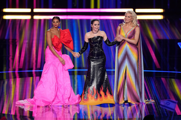 alesha-dixon-julia-sanina-and-hannah-waddingham-from-left-host-the-first-semi-final-at-the-eurovision-song-contest-in-liverpool-england-tuesday-may-9-2023-ap-photomartin-meissner