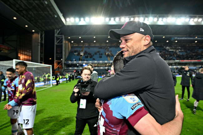 blackburn-uk-25th-apr-2023-burnley-manager-vincent-kompany-hugs-josh-cullen-of-burnley-during-the-sky-bet-championship-match-at-ewood-park-blackburn-picture-credit-should-read-gary-oakleysport