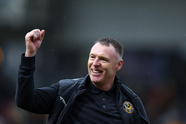 newport-uk-22nd-oct-2022-graham-coughlan-the-new-manager-of-newport-county-celebrates-at-end-of-the-match-after-his-team-win-1-0-efl-football-league-two-match-newport-county-v-colchester-utd-at