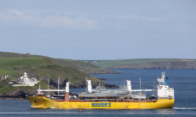 cork-harbour-cork-ireland-14th-may-2023-following-a-mammoth-voyage-from-new-zealand-heavy-lift-ship-happy-dynamic-arrives-at-cork-harbour-with-two-new-inshore-patrol-boats-for-the-naval-service