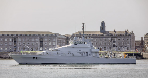 haulbowline-cork-ireland-16th-may-2023-the-first-of-two-inshore-patrol-boats-p71-for-the-naval-service-new-is-towed-up-stream-by-tugs-to-the-naval-base-at-haulbowline-co-cork-ireland