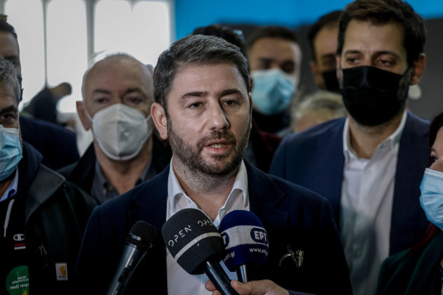 nikos-androulakis-newly-elected-leader-of-the-movement-for-change-socialist-party-makes-statements-in-athens-greece-sunday-dec-12-2021-androulakis-a-member-of-the-european-parliament-has-de