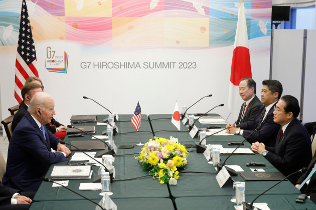 hiroshima-hiroshima-prefecture-japan-18th-may-2023-us-president-joe-biden-left-and-fumio-kishida-japans-prime-minister-right-attend-a-bilateral-meeting-ahead-of-the-group-of-seven-g-7-lea