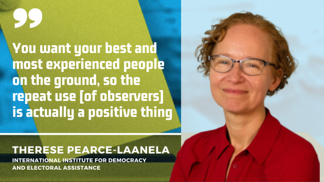 Therese Pearce-Laanela of International IDEA smiling wearing glasses and a red shirt: “You want your best and most experienced people on the ground, so the repeat use of observers is actually a positive thing.”
