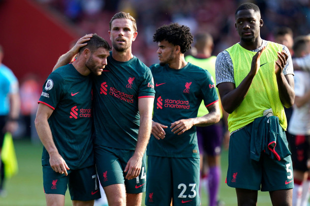 liverpools-jordan-henderson-centre-hugs-james-milner-after-the-final-whistle-in-the-premier-league-match-at-st-marys-stadium-southampton-picture-date-sunday-may-28-2023
