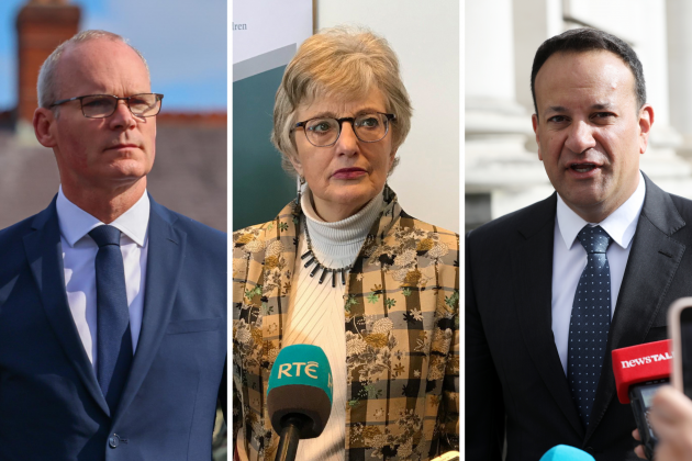 Split photo featuring Coveney, Zappone and Varadkar. Coveney and Varadkar are wearing suits and ties, while Zappone is wearing a poloneck and jacket.