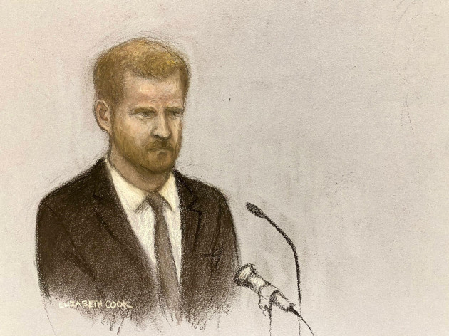 court-artist-sketch-by-elizabeth-cook-of-the-duke-of-sussex-giving-evidence-at-the-rolls-buildings-in-central-london-during-the-phone-hacking-trial-against-mirror-group-newspapers-mgn-a-number-of-h