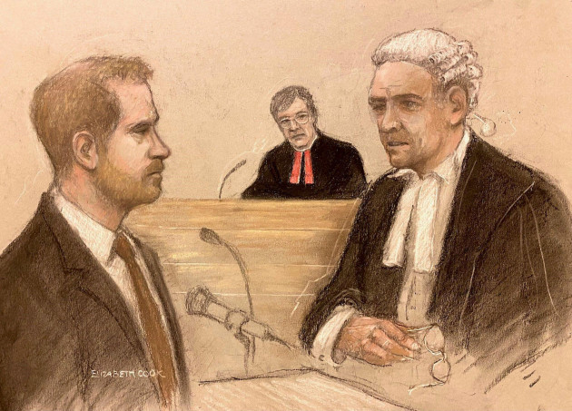 court-artist-sketch-by-elizabeth-cook-of-the-duke-of-sussex-left-being-cross-examined-by-andrew-green-kc-as-he-gives-evidence-at-the-rolls-buildings-in-central-london-during-the-phone-hacking-trial