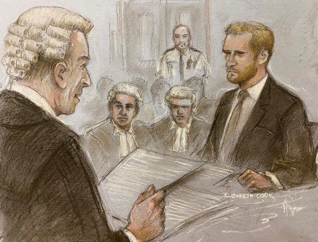 court-artist-sketch-by-elizabeth-cook-of-the-duke-of-sussex-right-being-cross-examined-by-andrew-green-kc-as-he-gives-evidence-at-the-rolls-buildings-in-central-london-during-the-phone-hacking-tria